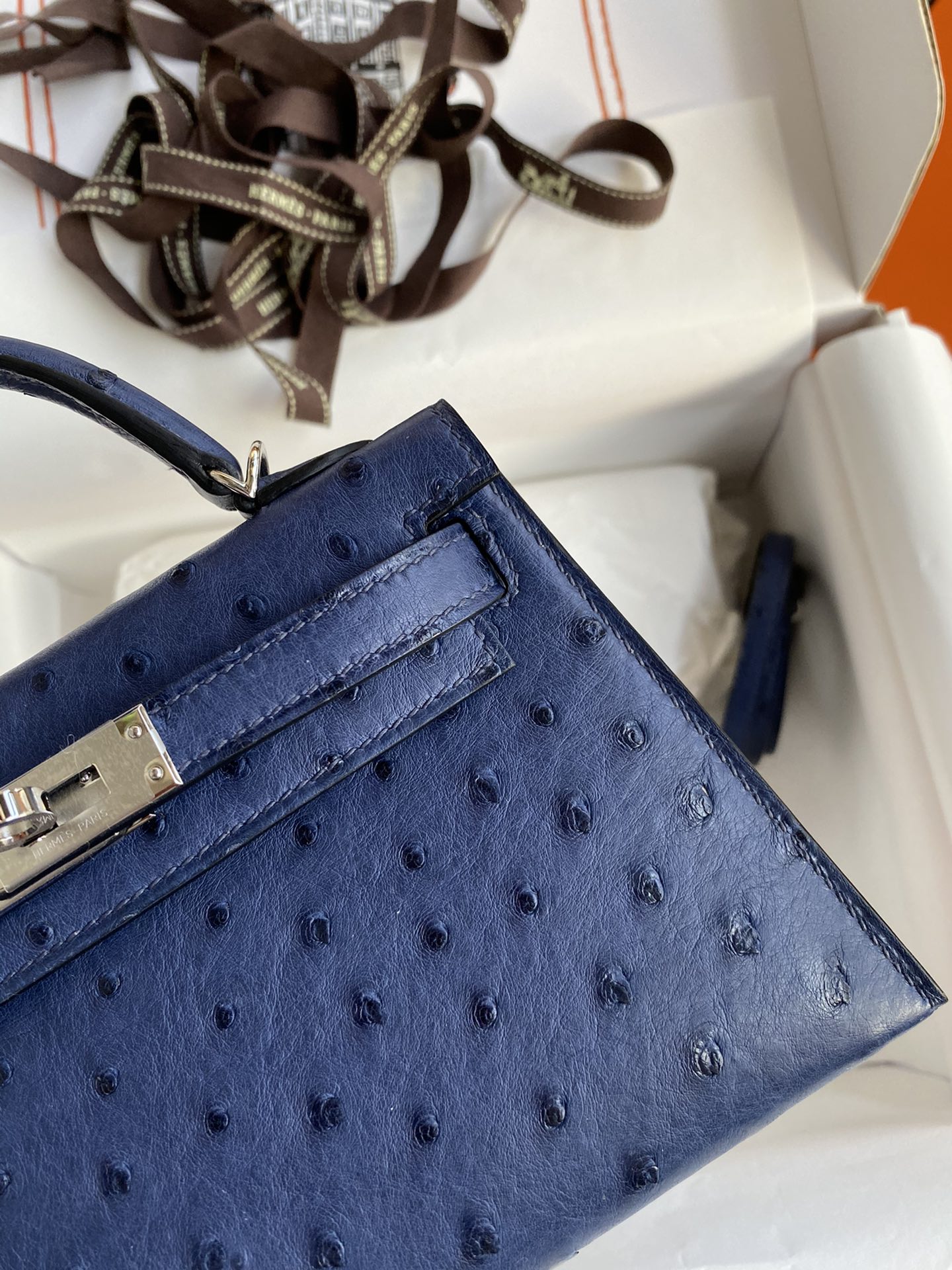 Hermes Kelly Mini II Bag 19CM In Blue Iris Ostrich Leather